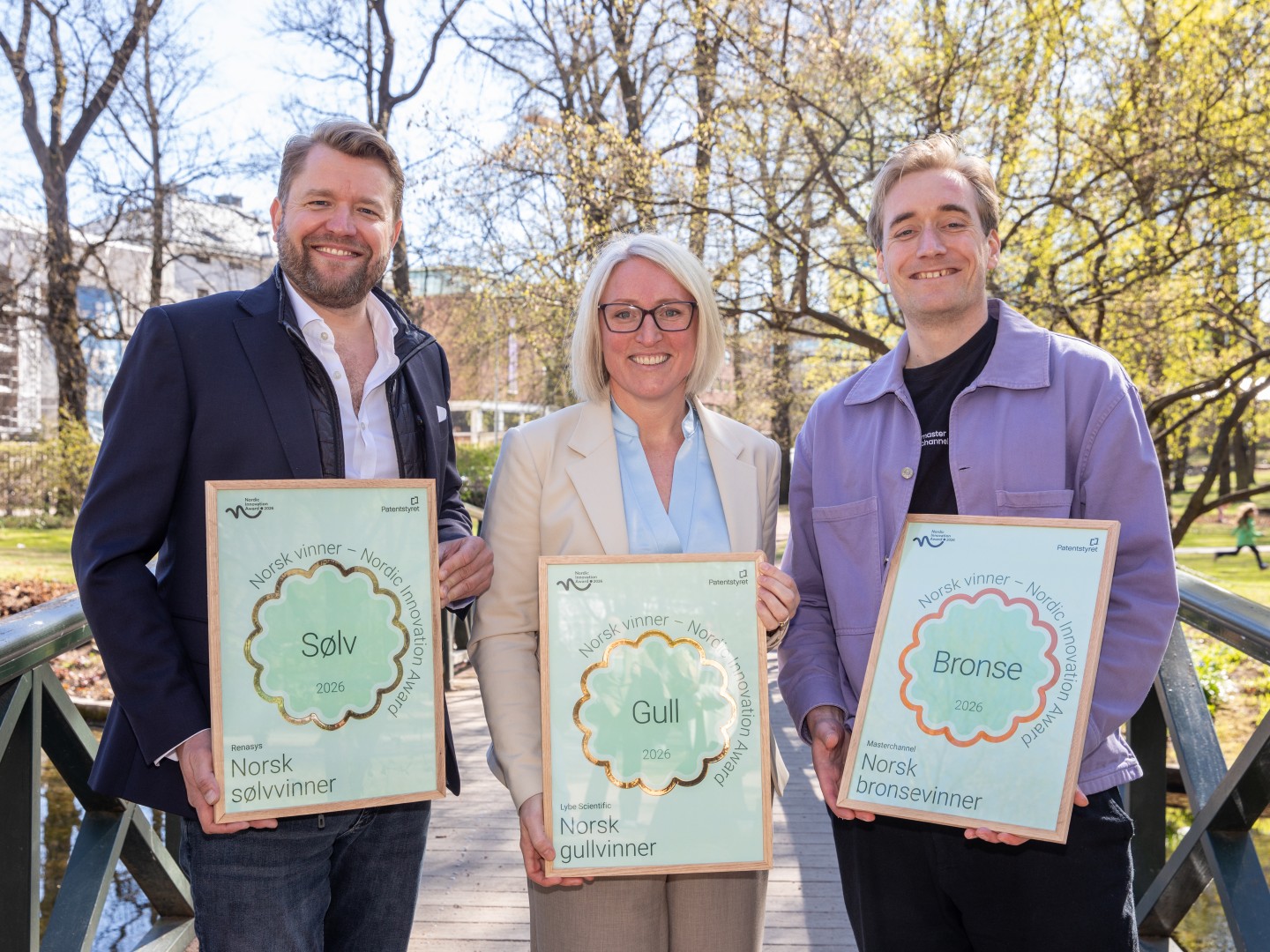 Christopher Sveen (CEO Renasys), Tonje Steigedal (CEO Lybe Scientific) og Christian Ringstad Schultz (CEO Masterchannel) Foto: Gaute B. Iversen/Patentstyret