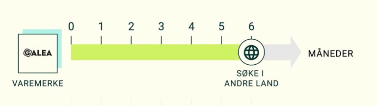Tidslinje som viser at du har 6 måneders frist til å søke varemerkeregistrering i andre land etter at du har levert inn søknaden i Norge