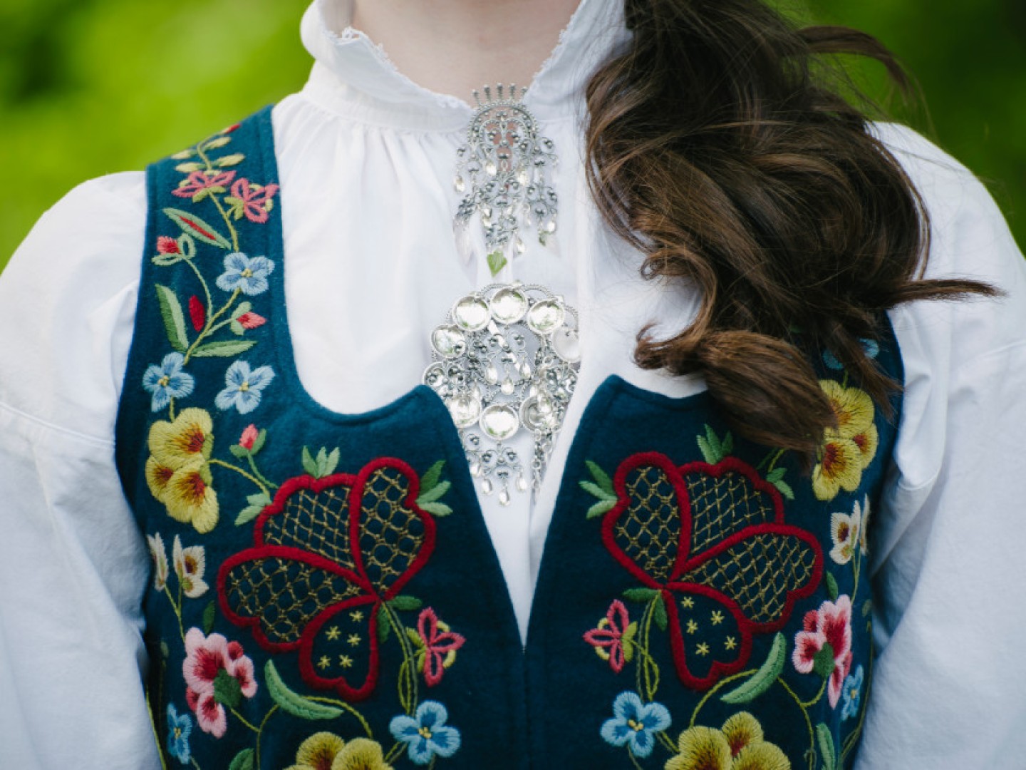 Detalj av bunad med fargerike blomsterbroderier.