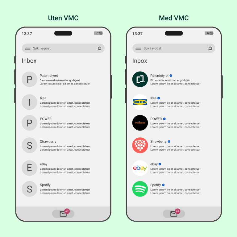 To mobilskjermer side om side: til venstre en e-postinnboks uten VMC med grå initialer som logoer, til høyre samme innboks med VMC aktivert, hvor logoer fra varemerker som Patentstyret, Ikea og Spotify vises tydelig ved siden av avsendernavnet med blått verifiseringsmerke. Bildet viser hvordan VMC forbedrer visuell identitet og gjenkjenning av avsender.