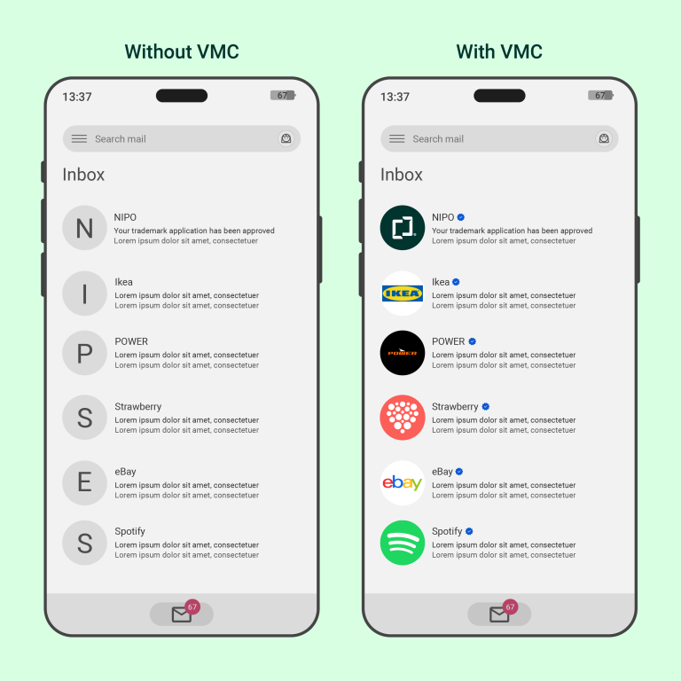 Two mobile screens side by side: on the left, an inbox without VMC, showing only gray initials as logos; on the right, the same inbox with VMC enabled, where logos from brands such as the Norwegian Industrial Property Office, Ikea, and Spotify appear clearly next to the sender name with a blue verification icon. The image illustrates how VMC enhances visual identity and sender recognition.