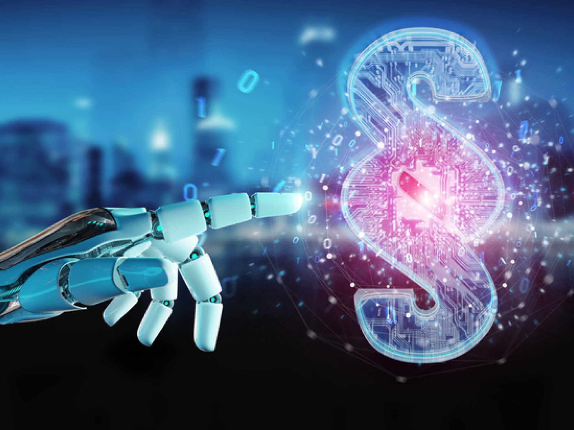 AI robot pointing at a symbol for a legal clause on a 3D background