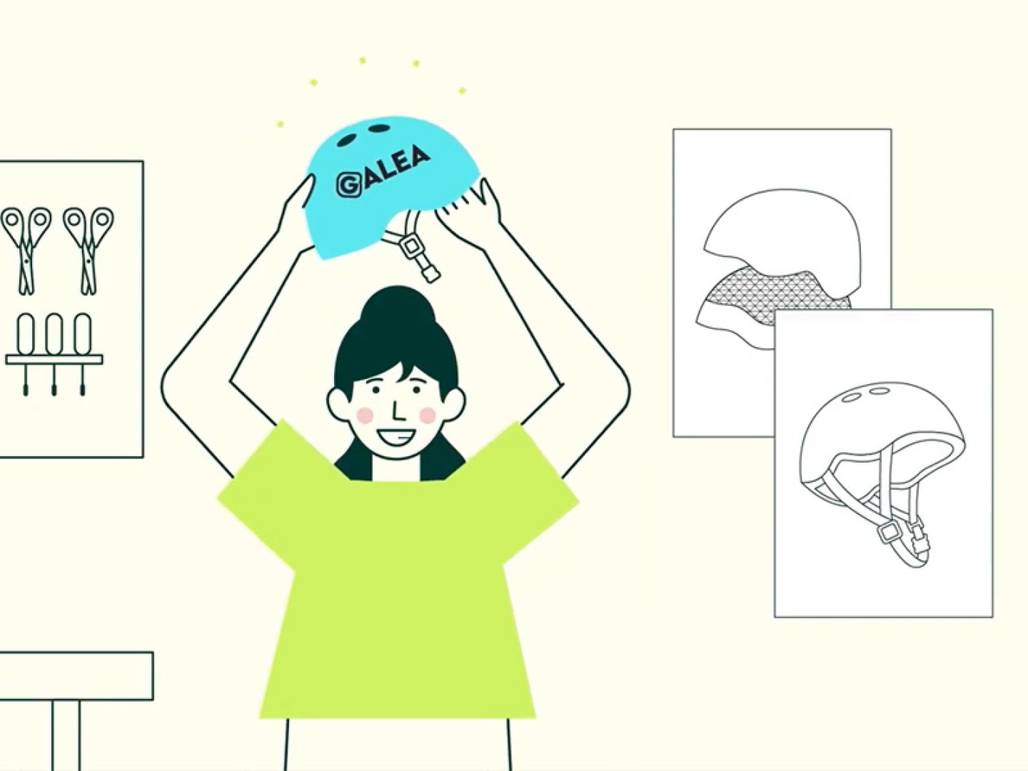 Illustration of Anna with drawings of her new shock-absorbing helmet for which she will apply for a patent