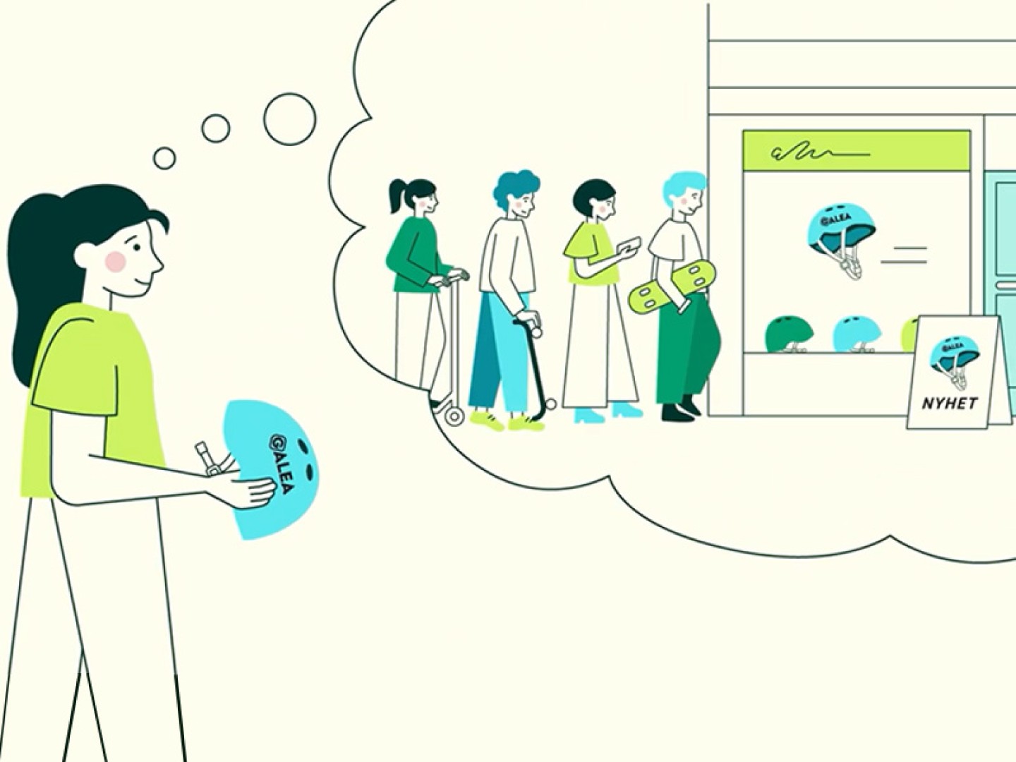 Illustration of Anna holding a helmet with the Galea brand and dreaming of people lining up to buy her helmet.