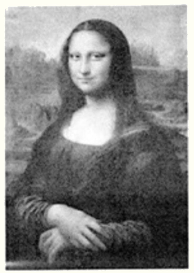 Black-and-white image of the painting “Mona Lisa,” showing a seated woman with a faint smile and folded hands in front of a landscape background.