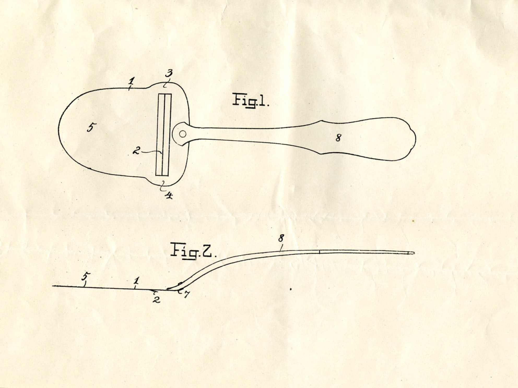 Technical drawing of a cheese slicer, marked with patent no. 43377, seen from both the side and front.