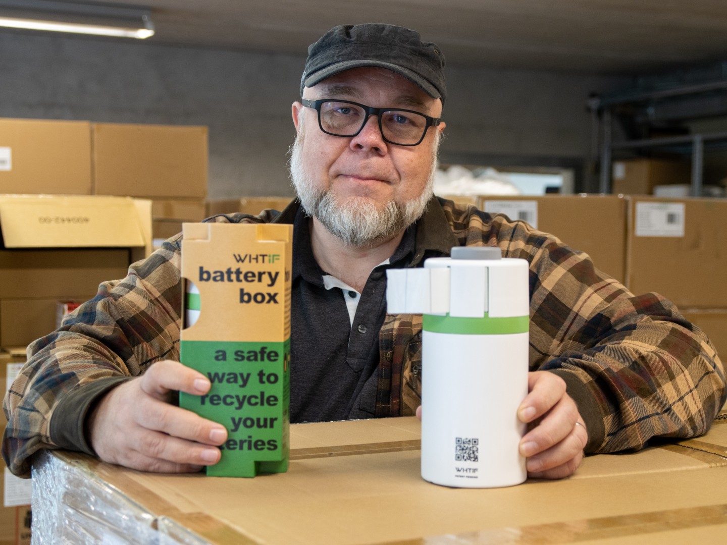 René Depuis shows off a battery box with and without a box.