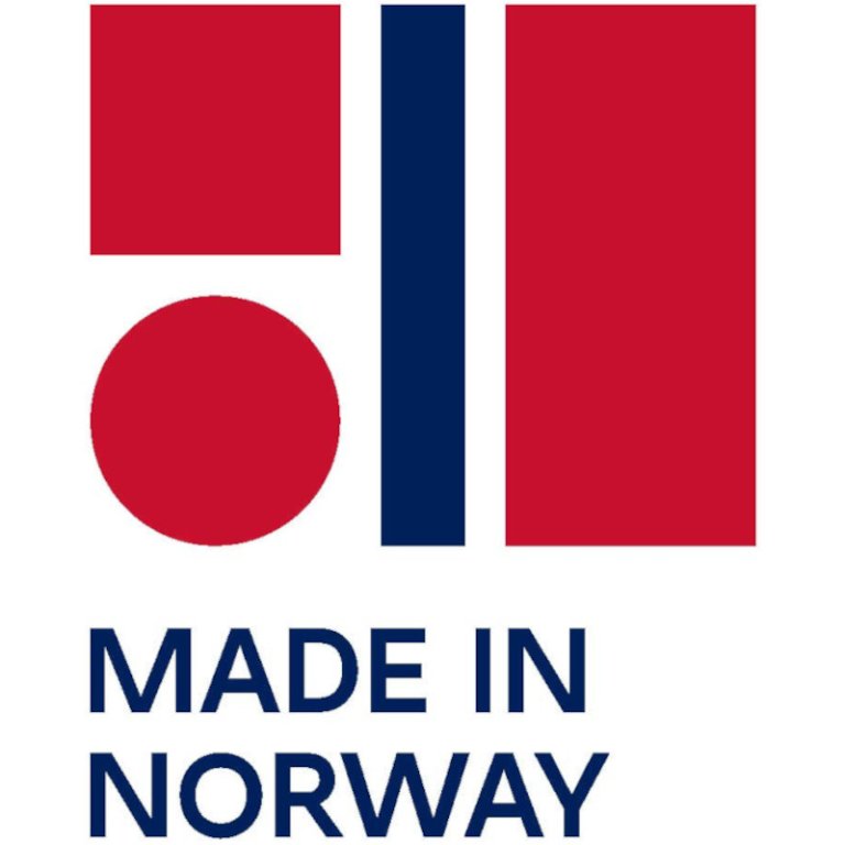 Logo for Made in Norway in red and blue on a white background.
