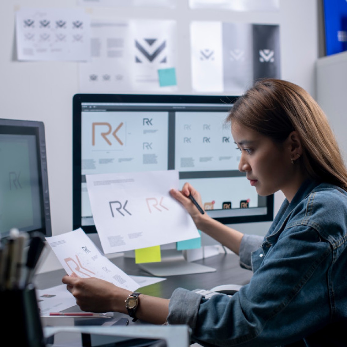 Person reviews the paper printout of a logo she is in the process of designing digitally on a computer.