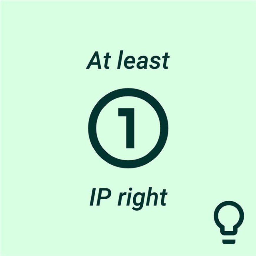 Illustration with the text "At least 1 IP right" and a light bulb icon in the bottom right. In the middle is the number 1 inside a circle.
