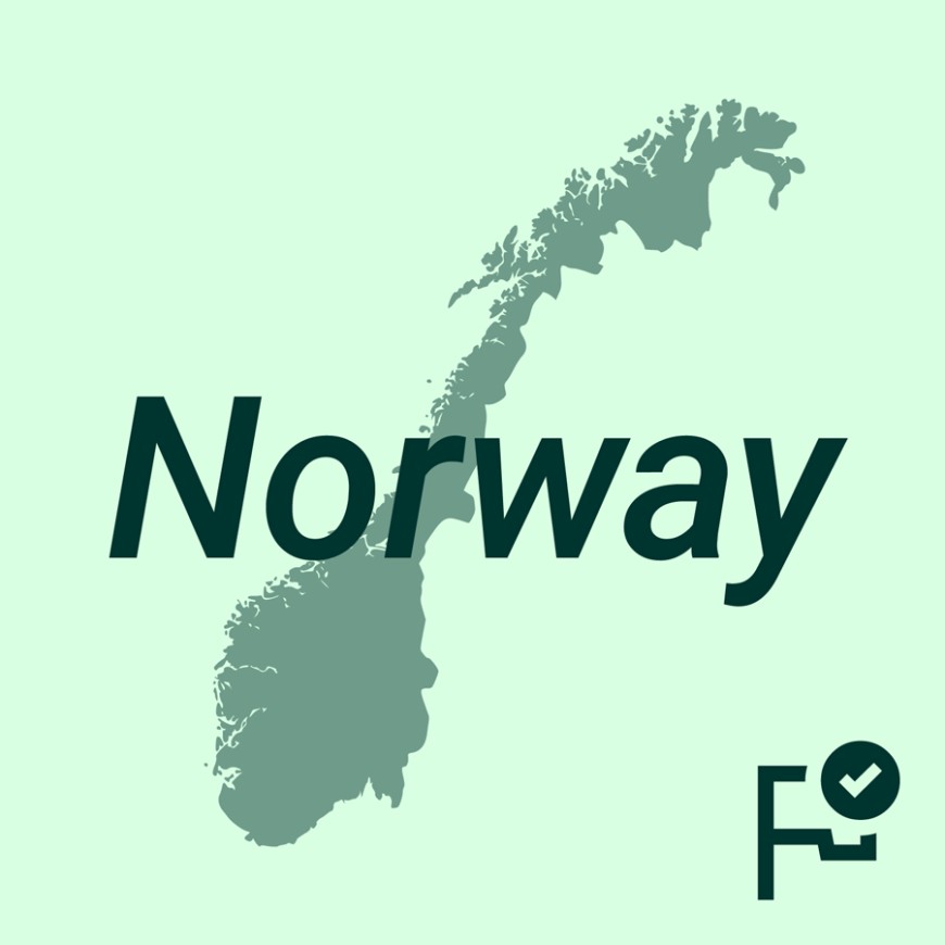 Illustration of a map of Norway with the text "Norway" above it. At the bottom right is an icon of a flag with a checkmark.