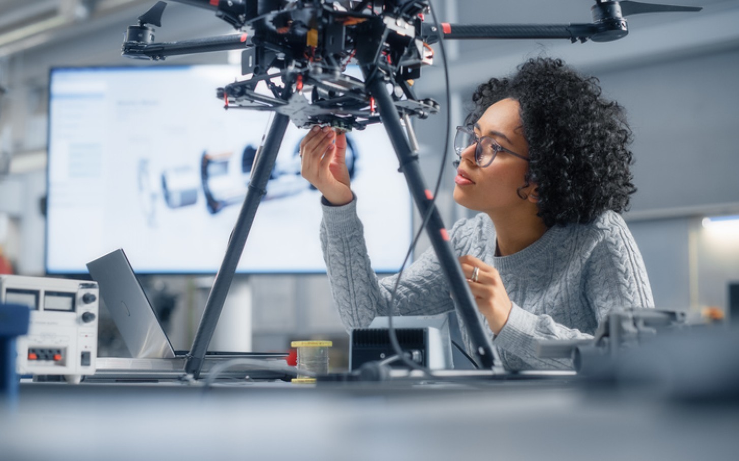 Black Female Engineer adjusts her invention in a laboratory