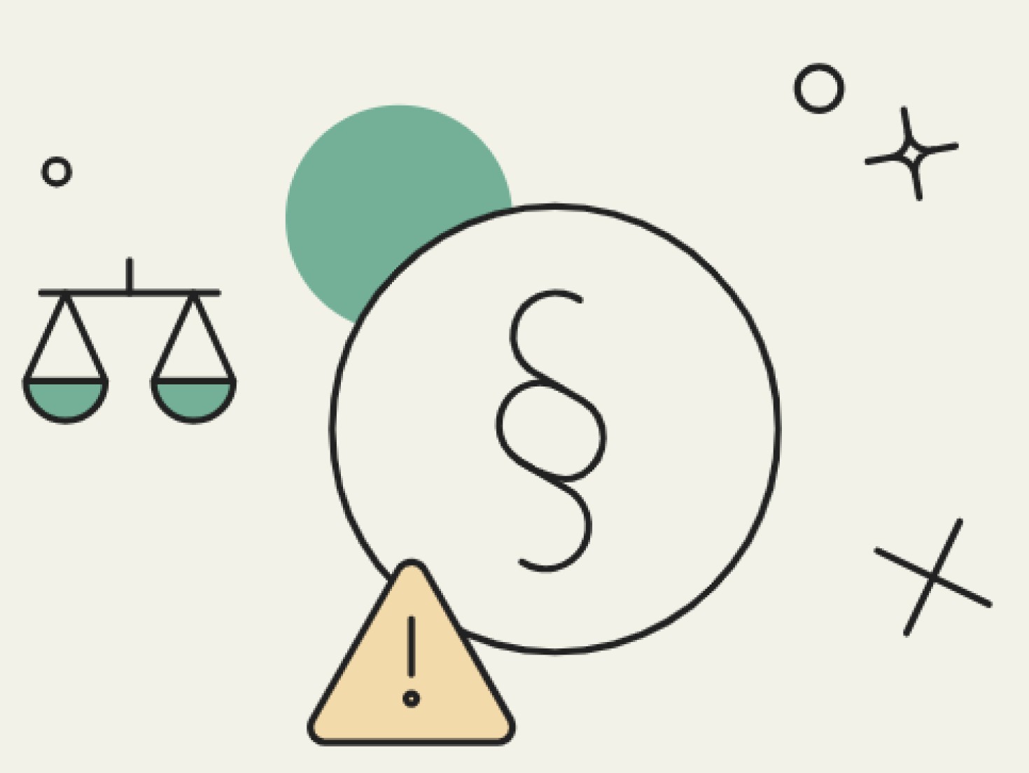 Scales in balance, paragraph marks and warning triangle in pastel colors to illustrate laws and regulations.