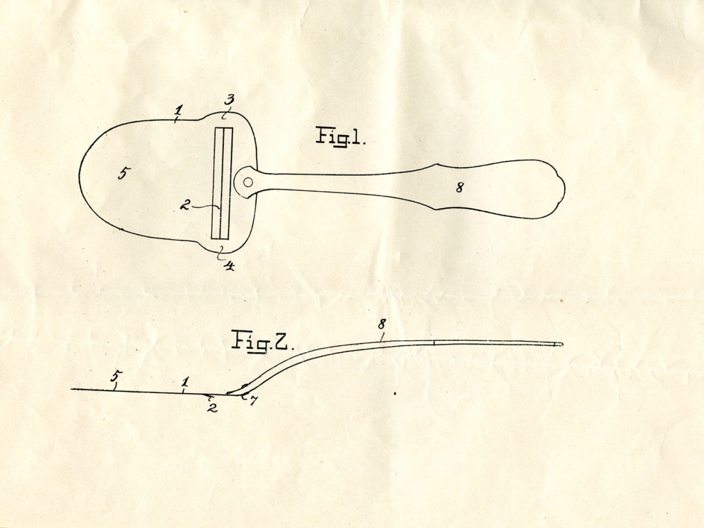 Teknisk tegning av en ostehøvel, merket med patent nr. 43377, sett både fra siden og forfra.