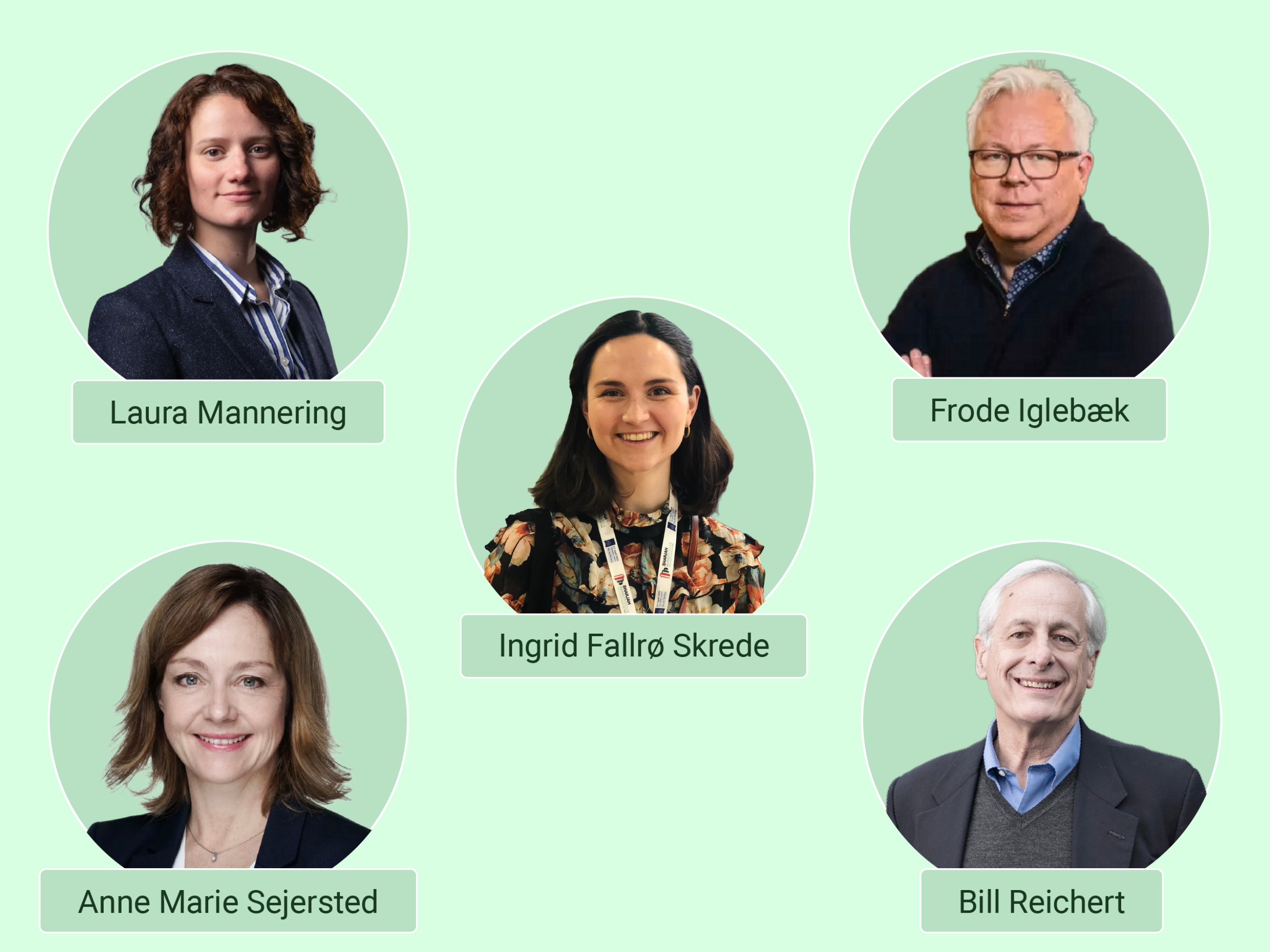 Portrettbilder av Laura Mannering, Ingrid Fallrø Skrede, Frode Iglebæk, Anne Marie Sejersted og Bill Reichert. 