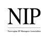 Engelsk logo for Norsk forening for Industriens Patentingeniører (NIP) i sort-hvitt mot lys bakgrunn.