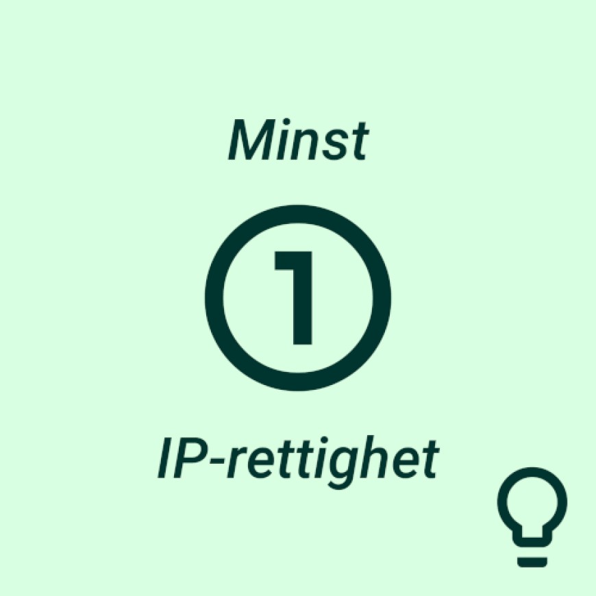 Illustrasjon med teksten "Minst 1 IP-rettighet" og et ikon av en lyspære nederst til høyre. I midten er tallet 1 inne i en sirkel.