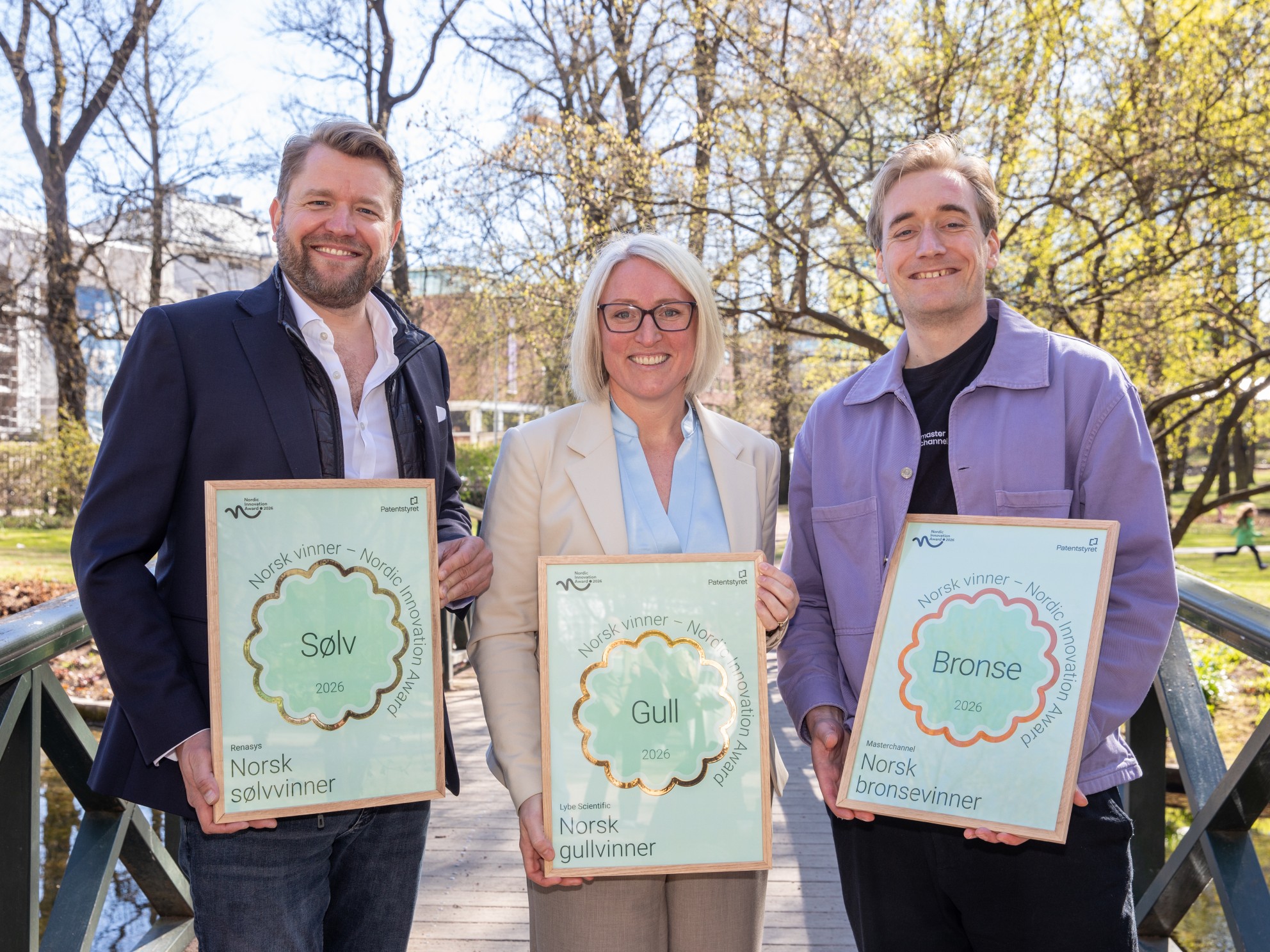 Christopher Sveen (CEO Renasys), Tonje Steigedal (CEO Lybe Scientific) og Christian Ringstad Schultz (CEO Masterchannel) Foto: Gaute B. Iversen/Patentstyret