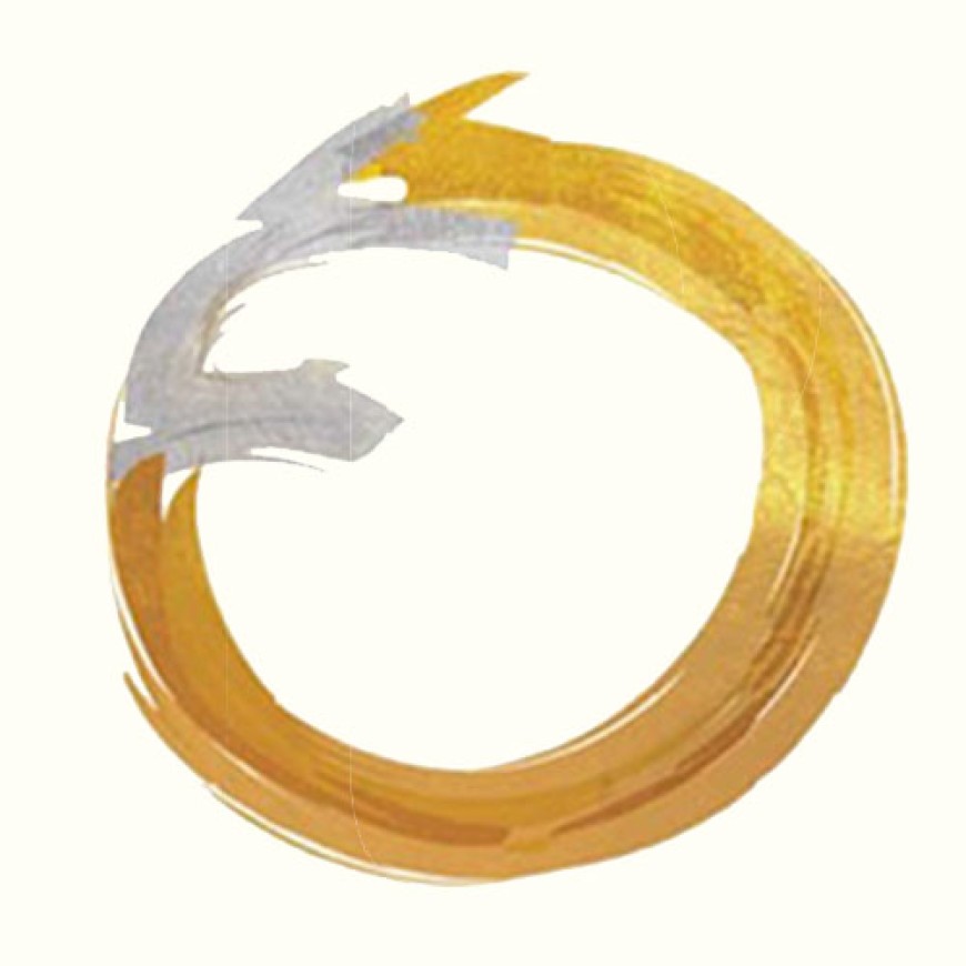 Ringformet penselstrøk i gull og sølv mot lys bakgrunn.