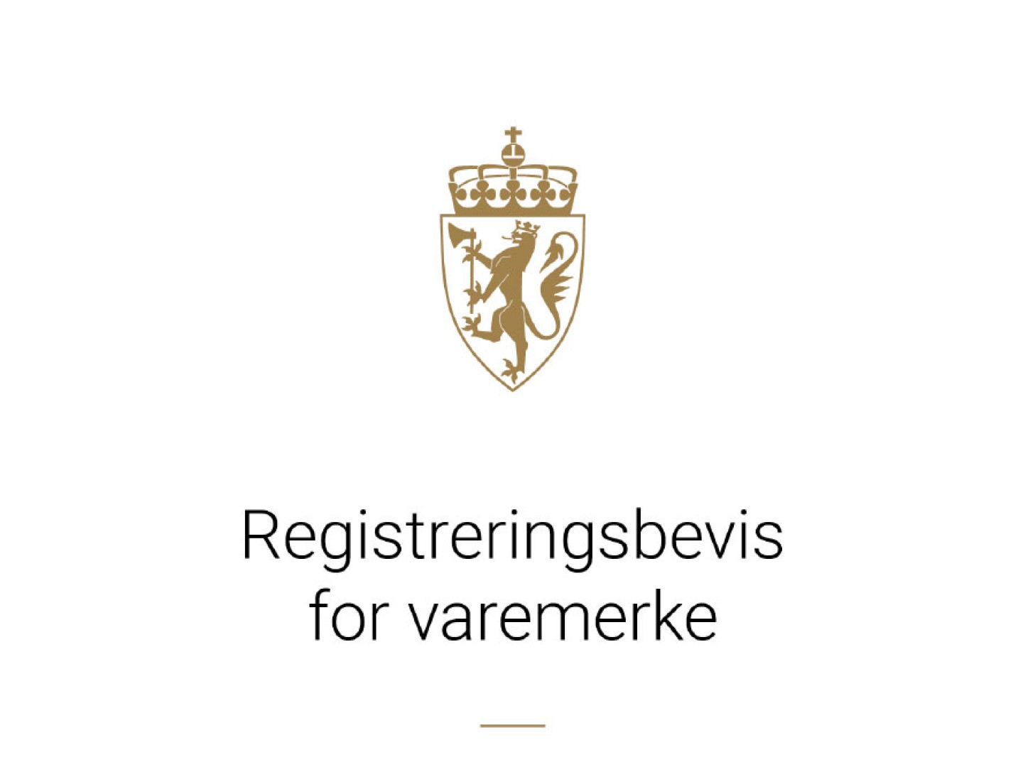 Registreringsbevis for varemerke med det norske riksvåpenet i gull.